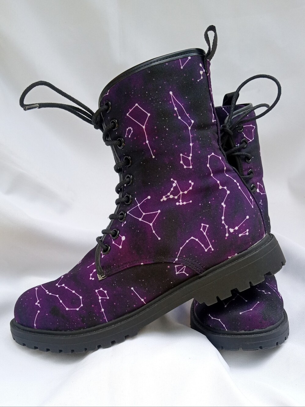 Purple Galaxy Star Constellation Lace Up High Top Canvas Dr. Marten Combat Boots - Picture 3 of 10